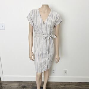 [Pure Navy] Tan White Striped Linen Belted V-Neck Wrap Mini Dress Size Large L
